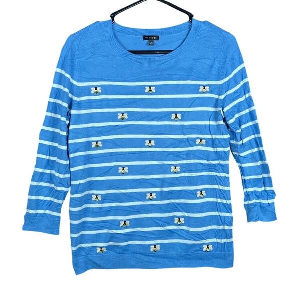 Talbots Womens Sweater Blue White Striped Embroidered Bee Crew Neck Small - Picture 1 of 12